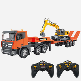 Huina 1319 - 1:18 RC Low Bed Trailer Truck with Excavator - 2.4GHz Full Function Construction Transport Combo Set with Dual Remote Control RTR