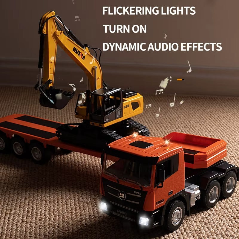 Huina 1319 - 1:18 RC Low Bed Trailer Truck with Excavator - 2.4GHz Full Function Construction Transport Combo Set with Dual Remote Control RTR