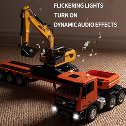 Huina 1319 - 1:18 RC Low Bed Trailer Truck with Excavator - 2.4GHz Full Function Construction Transport Combo Set with Dual Remote Control RTR secondary