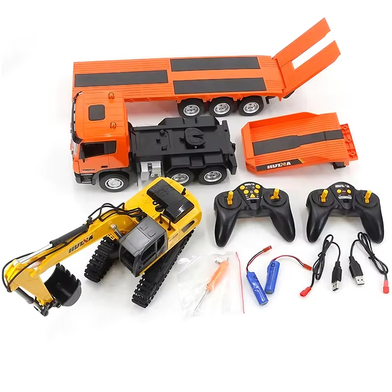 Huina 1319 - 1:18 RC Low Bed Trailer Truck with Excavator - 2.4GHz Full Function Construction Transport Combo Set with Dual Remote Control RTR