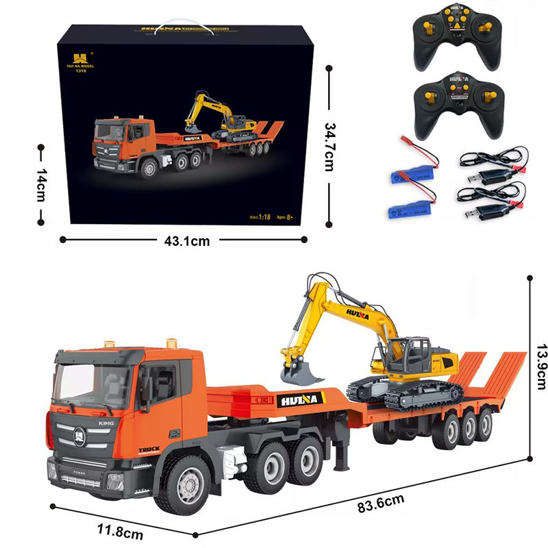 Huina 1319 - 1/18 Nine-channel semi-metallic remote-controlled flatbed trailer + remote-controlled excavator