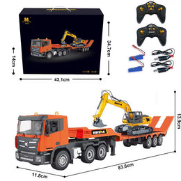 Huina 1319 - 1/18 Nine-channel semi-metallic remote-controlled flatbed trailer + remote-controlled excavator secondary