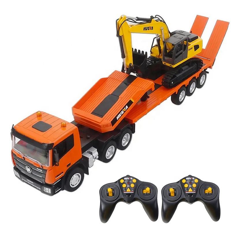 Huina 1319 - 1/18 Nine-channel semi-metallic remote-controlled flatbed trailer + remote-controlled excavator
