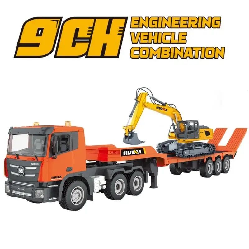Huina 1319 - 1:18 RC Low Bed Trailer Truck with Excavator - 2.4GHz Full Function Construction Transport Combo Set with Dual Remote Control RTR