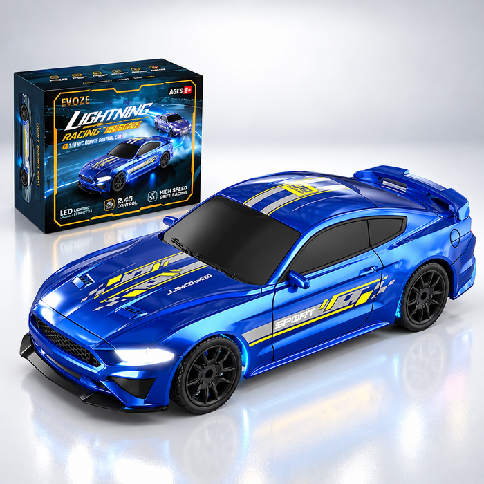 ENOZE 8500 Lightning Racing 1:43 4WD RC Drift Super Car, 2.4GHz Remote Control, Gyro Stabilization, 15km/h Speed, Seven-Color LED Lights, Metal Chassis, Independent Suspension & Rechargeable Battery