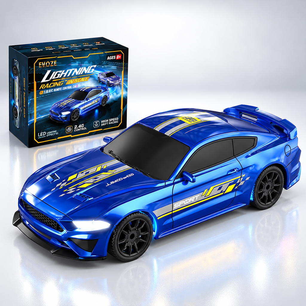 ENOZE 8500 Lightning Racing 1:43 4WD RC Drift Super Car, 2.4GHz Remote Control, Gyro Stabilization, 15km/h Speed, Seven-Color LED Lights, Metal Chassis, Independent Suspension & Rechargeable Battery
