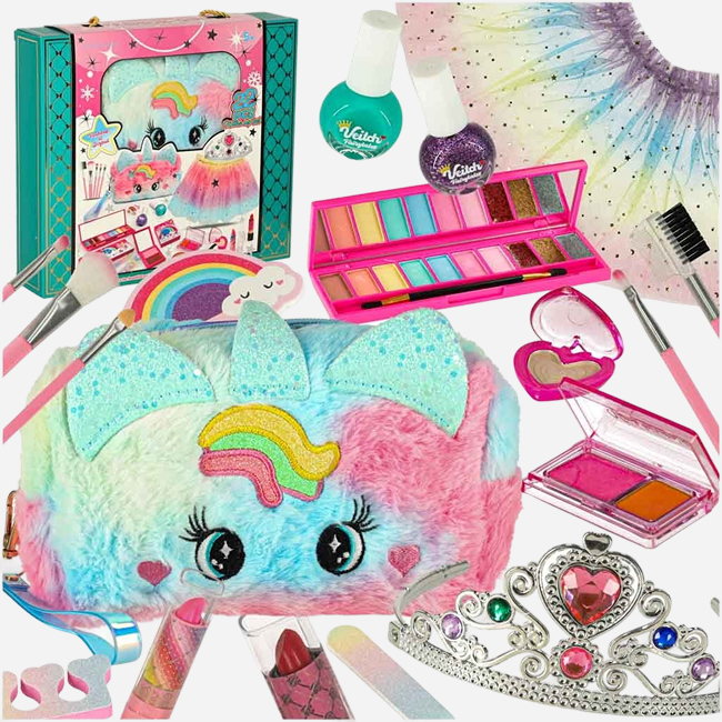 22 PCS Unicorn Princess Makeup & Dress-Up Set for Girls | Beauty Kit with Cosmetic Bag, Tiara, Rainbow Tutu Skirt & Pretend Play Accessories (Age 5+) - SR24013-1