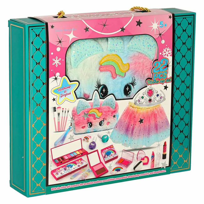 22 PCS Unicorn Princess Makeup & Dress-Up Set for Girls | Beauty Kit with Cosmetic Bag, Tiara, Rainbow Tutu Skirt & Pretend Play Accessories (Age 5+) - SR24013-1