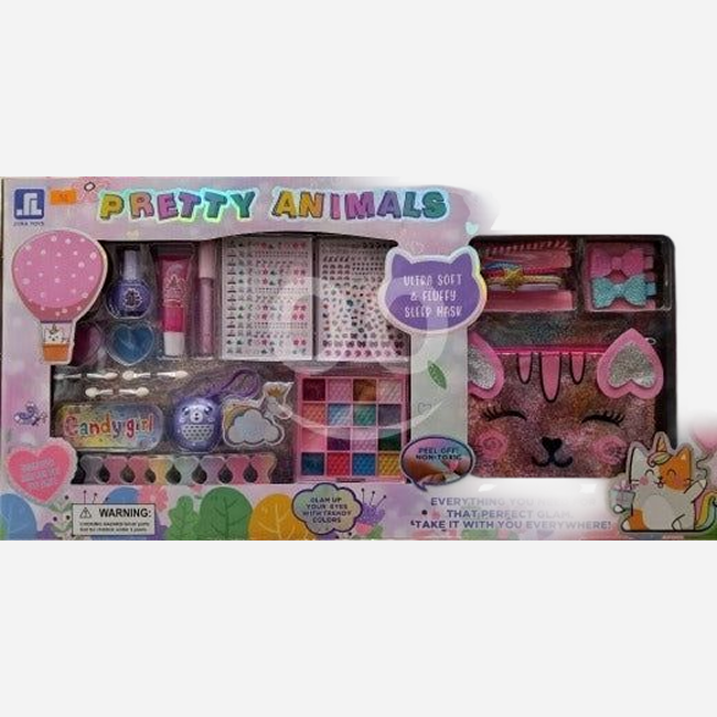 Pretty Animals Glam Beauty Makeup Set with Sleep Mask, Eye Shadow Palette, Nail Art Stickers & Fashion Accessories for Girls 3+ Years - ZR12