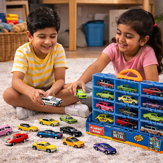 18PCS Die Cast Metal Toy Car Set Mini Collectible Vehicle Playset with Portable Storage Organizer Carry Case Gift for Kids