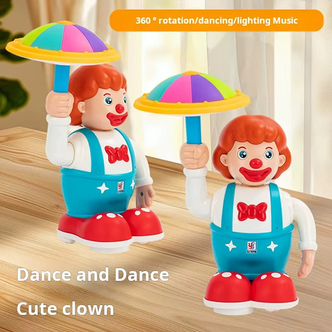 360° Rotating Circus Clown Musical Toy with Colorful LED Umbrella Lights, Music & Automatic Bump-and-Go Action for Kids 3+ Years