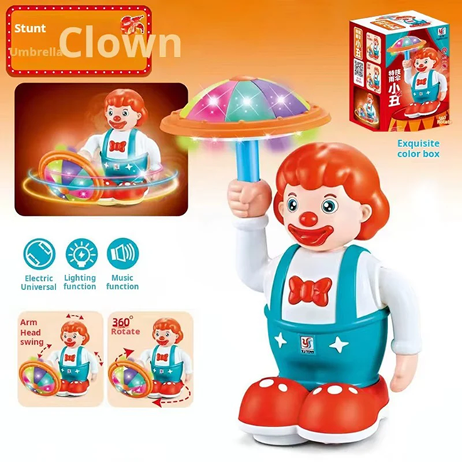 360° Rotating Circus Clown Musical Toy with Colorful LED Umbrella Lights, Music & Automatic Bump-and-Go Action for Kids 3+ Years