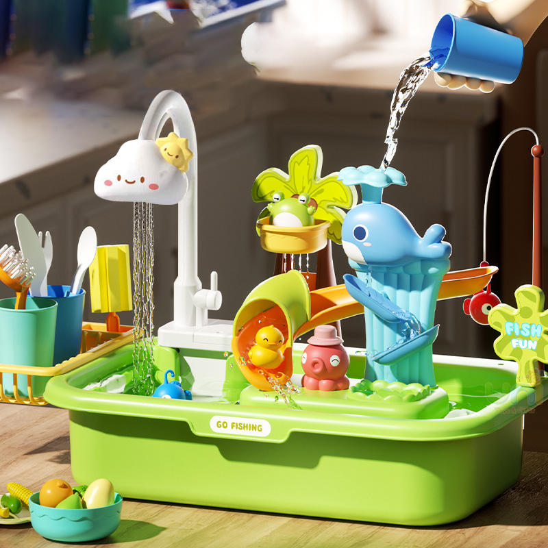 Vegetable Washing Basin Play Set 43 Pieces with Running Water Sink, Fishing Game & Kitchen Accessories for Kids 3+ Years
