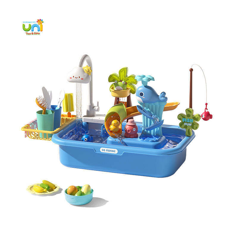 Vegetable Washing Basin Play Set 43 Pieces with Running Water Sink, Fishing Game & Kitchen Accessories for Kids 3+ Years