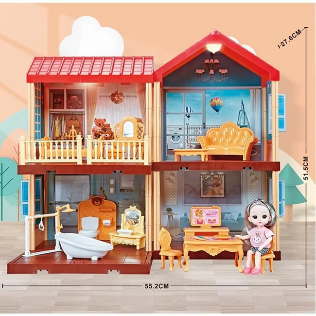 Princess House 113 PCS DIY Dollhouse Villa Set with Furniture & Doll | 2-Storey Pretend Play Miniature Dollhouse Building Kit for Kids & Girls | Role Play Toy House