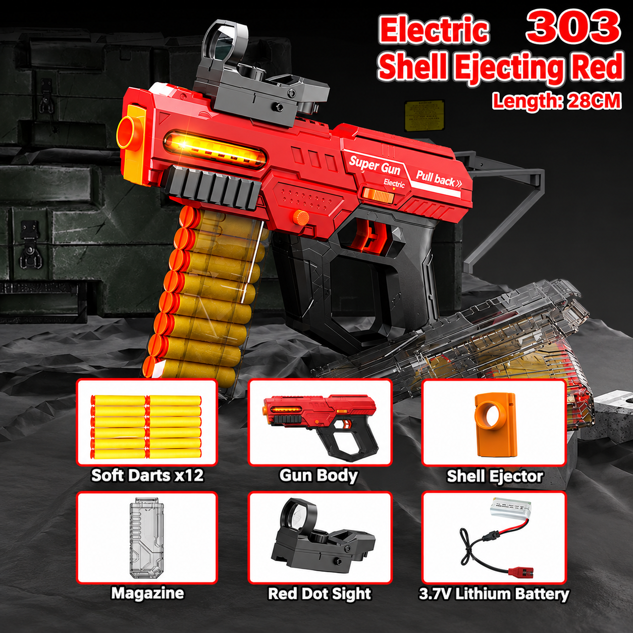 Super Gun NO.303 Electric Soft Bullet Toy Blaster, 28 cm Rechargeable Toy Gun with Shell Ejection, 12 Soft Foam Bullets, Detachable Magazine, Sight Attachment and 3.7V Battery, Ages 6+