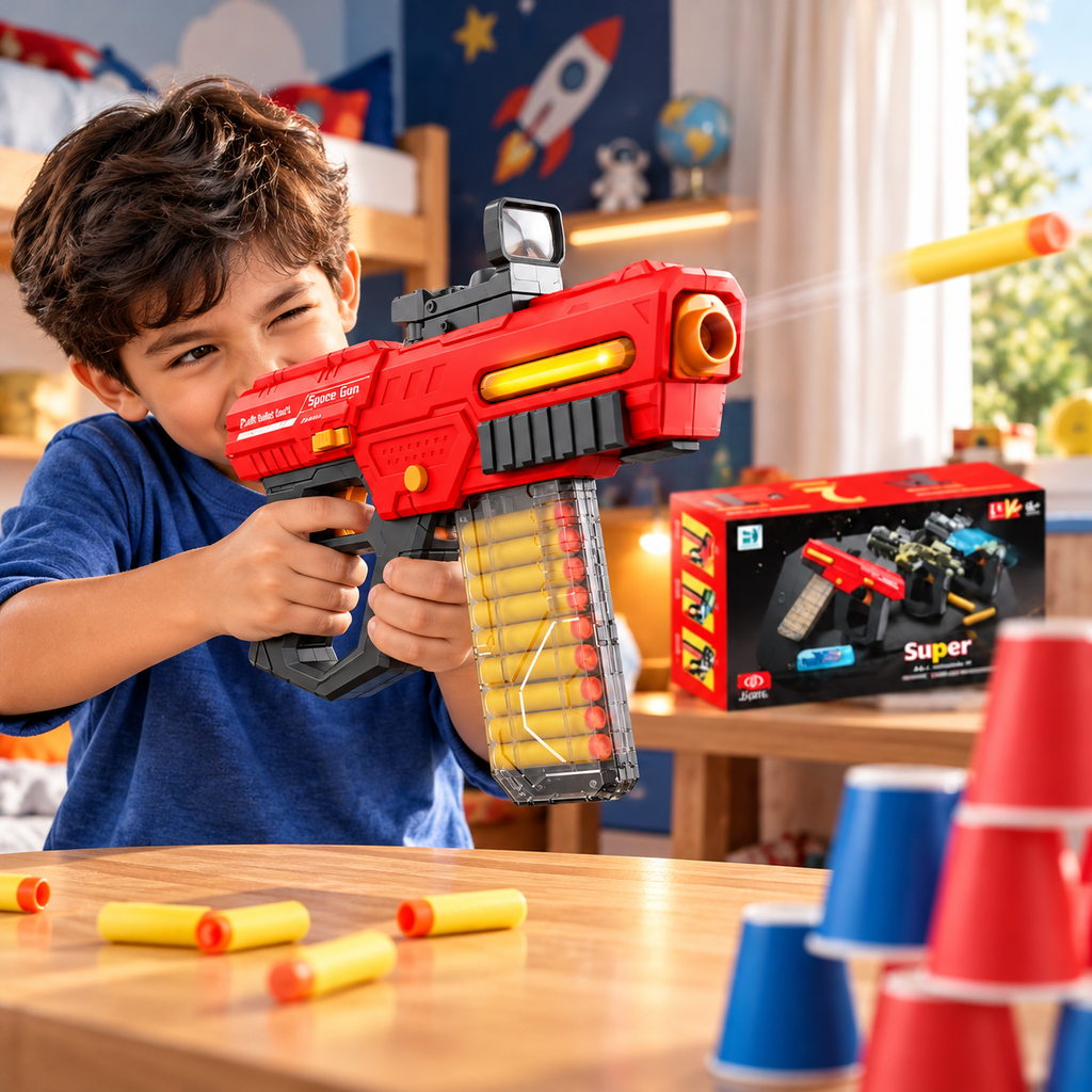 Super Gun NO.303 Electric Soft Bullet Toy Blaster, 28 cm Rechargeable Toy Gun with Shell Ejection, 12 Soft Foam Bullets, Detachable Magazine, Sight Attachment and 3.7V Battery, Ages 6+