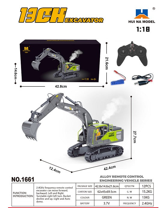 Huina 1661 - 1:18 RC Excavator | 2.4GHz 13CH Semi-Alloy Construction Digger with Alloy Bucket, Realistic Lights & Sound