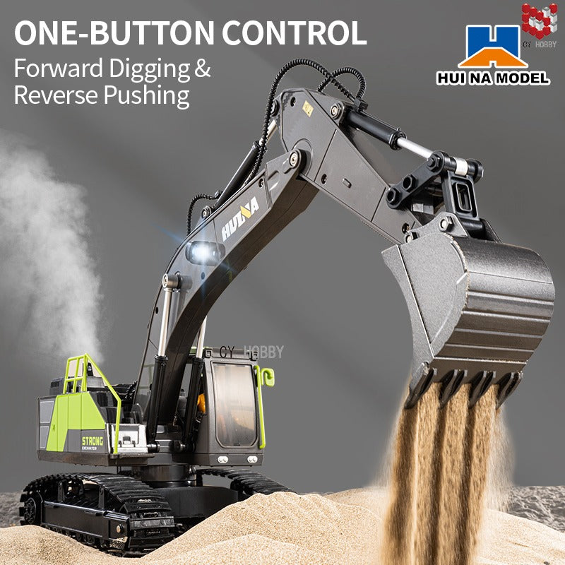 Huina 1661 - 1:18 RC Excavator | 2.4GHz 13CH Semi-Alloy Construction Digger with Alloy Bucket, Realistic Lights & Sound