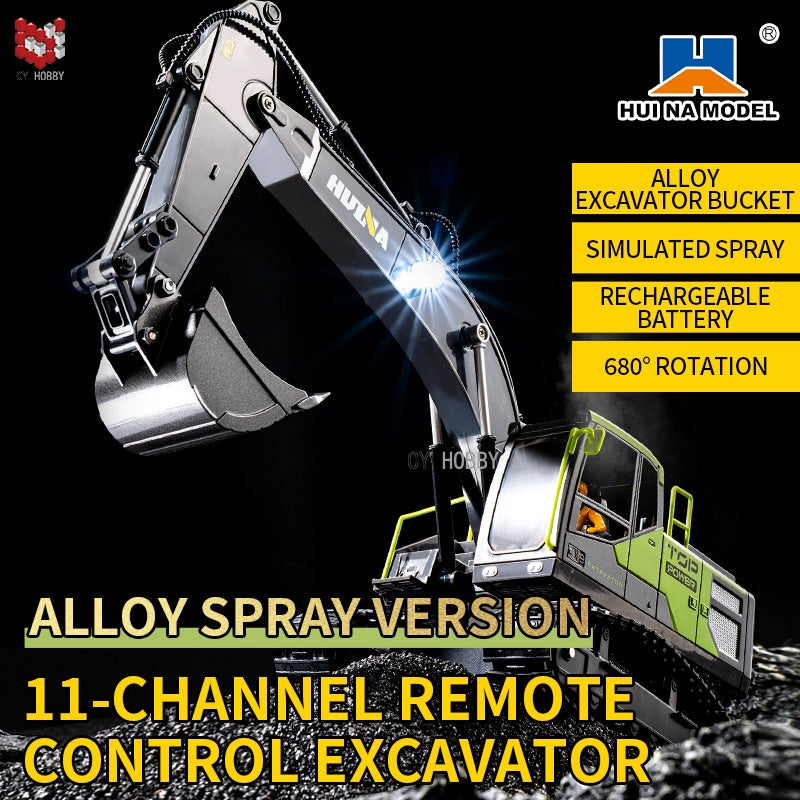 Huina 1661 - 1:18 RC Excavator | 2.4GHz 13CH Semi-Alloy Construction Digger with Alloy Bucket, Realistic Lights & Sound