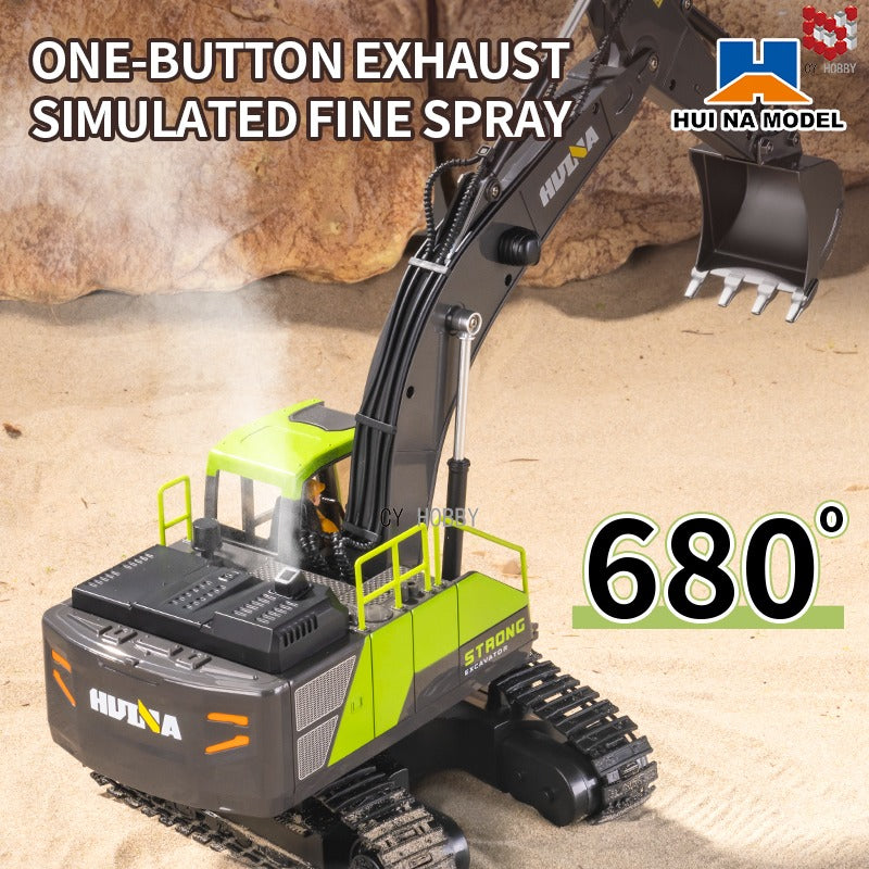 Huina 1661 - 1:18 RC Excavator | 2.4GHz 13CH Semi-Alloy Construction Digger with Alloy Bucket, Realistic Lights & Sound