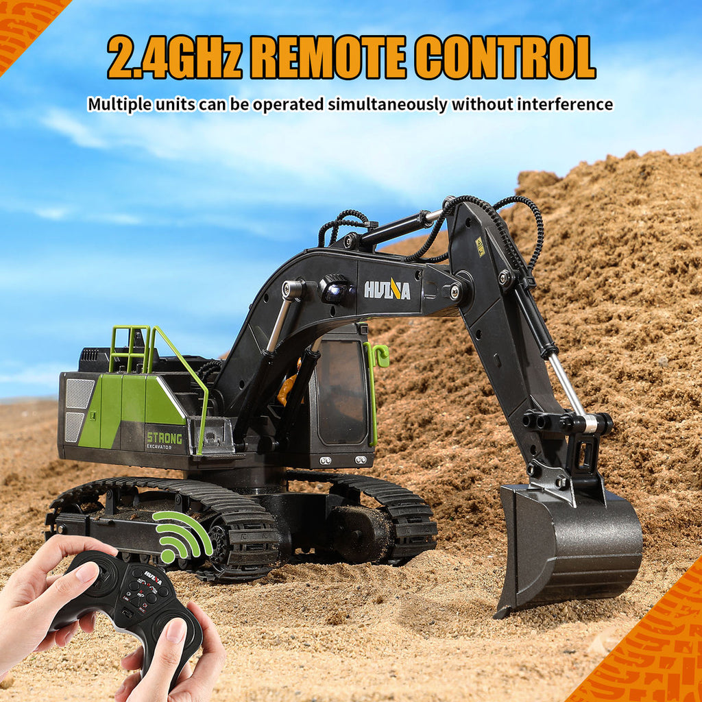 Huina 1661 - 1:18 RC Excavator | 2.4GHz 13CH Semi-Alloy Construction Digger with Alloy Bucket, Realistic Lights & Sound