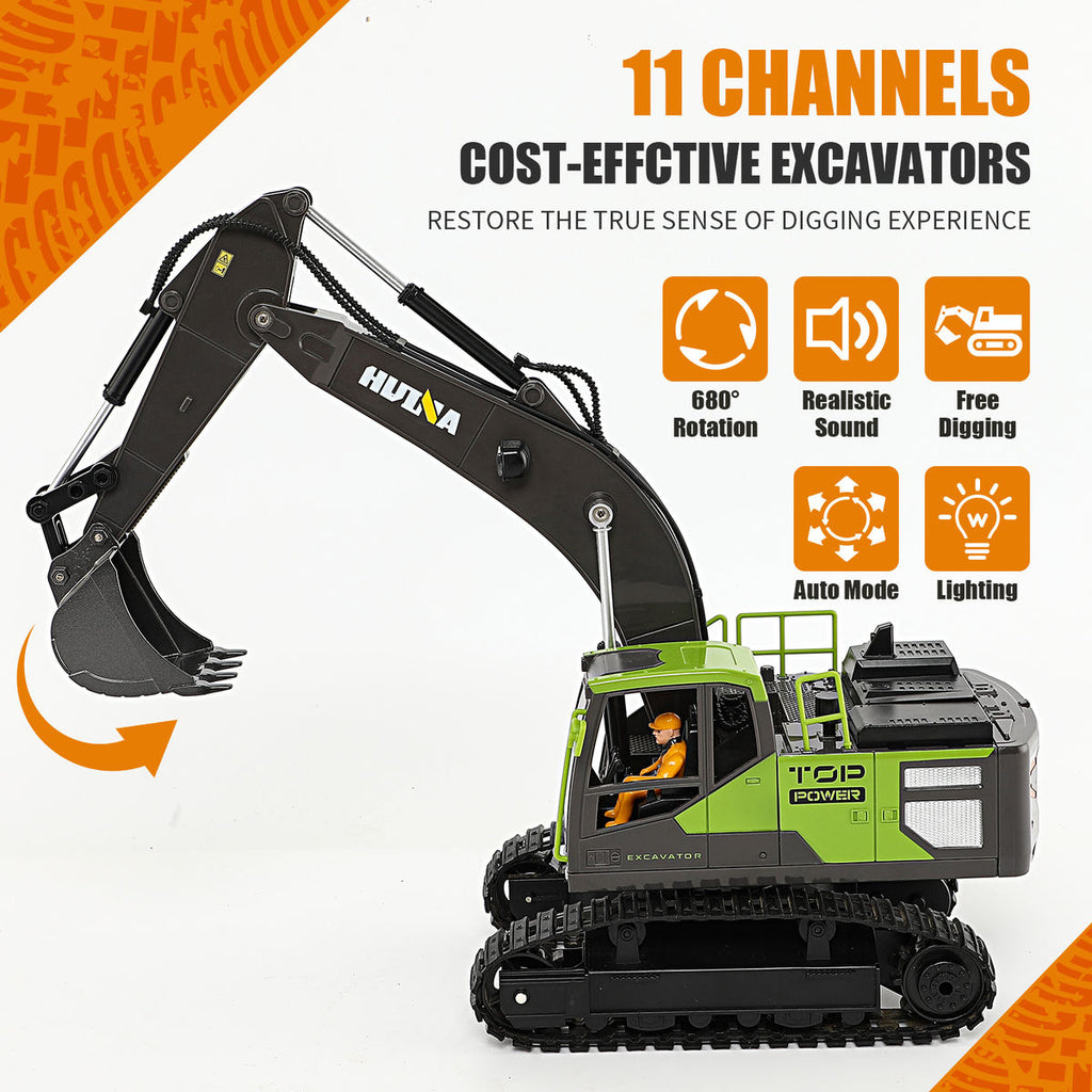 Huina 1661 - 1:18 RC Excavator | 2.4GHz 13CH Semi-Alloy Construction Digger with Alloy Bucket, Realistic Lights & Sound