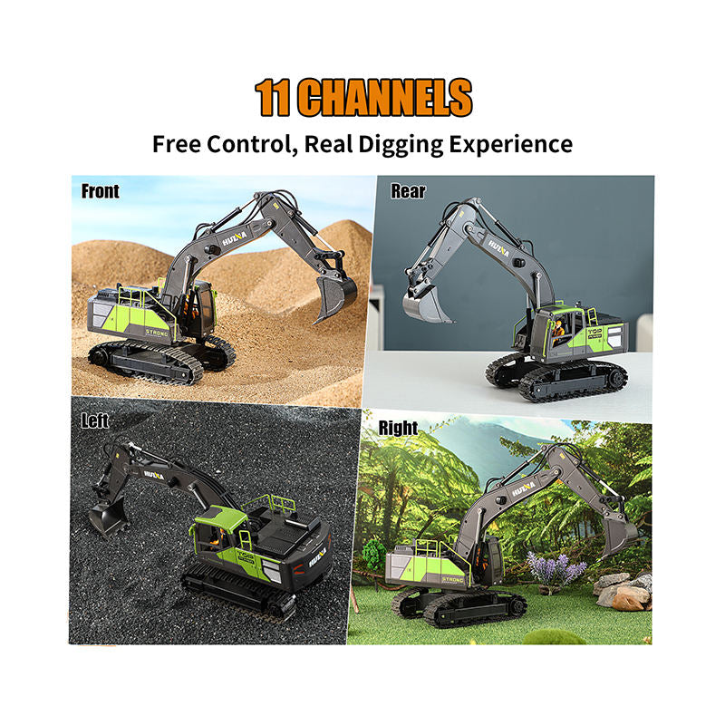 Huina 1661 - 1:18 RC Excavator | 2.4GHz 13CH Semi-Alloy Construction Digger with Alloy Bucket, Realistic Lights & Sound