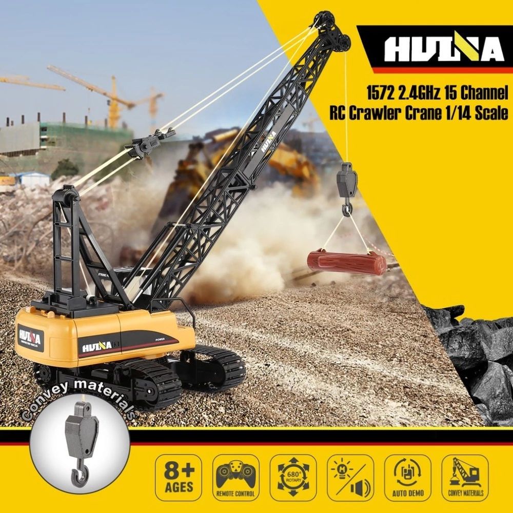 Huina 1572 - 1:14 RC Tracked Crane | 2.4GHz 15CH Alloy Construction Crawler with Grab Hook, Realistic Lights & Sound