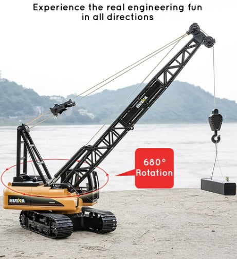 Huina 1572 - 1:14 RC Tracked Crane | 2.4GHz 15CH Alloy Construction Crawler with Grab Hook, Realistic Lights & Sound