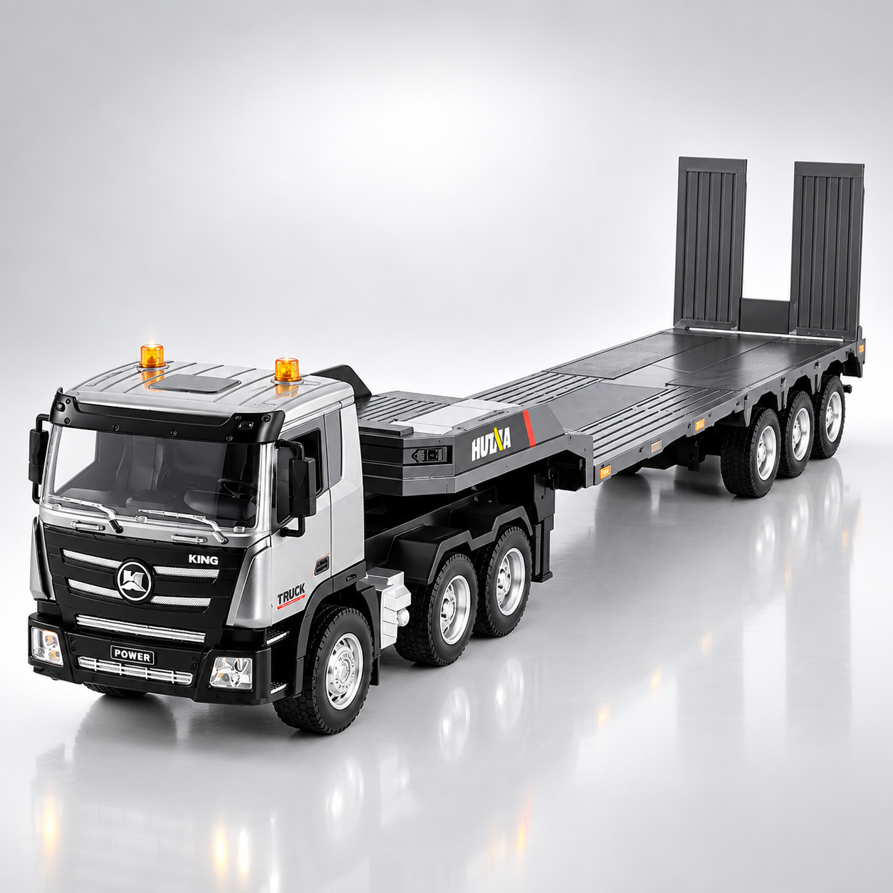 Huina 1318 - 1:18 Scale RC Low Bed Trailer Truck | 2.4GHz Full Function Heavy Duty Construction Transport Truck with Realistic Lights RTR