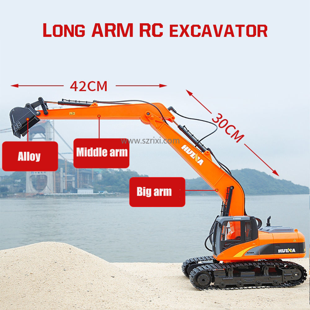 Huina 1551 - 1:14 RC Long Arm Excavator | 2.4GHz 15CH Alloy Construction Digger with Metal Bucket, Lights & Sound