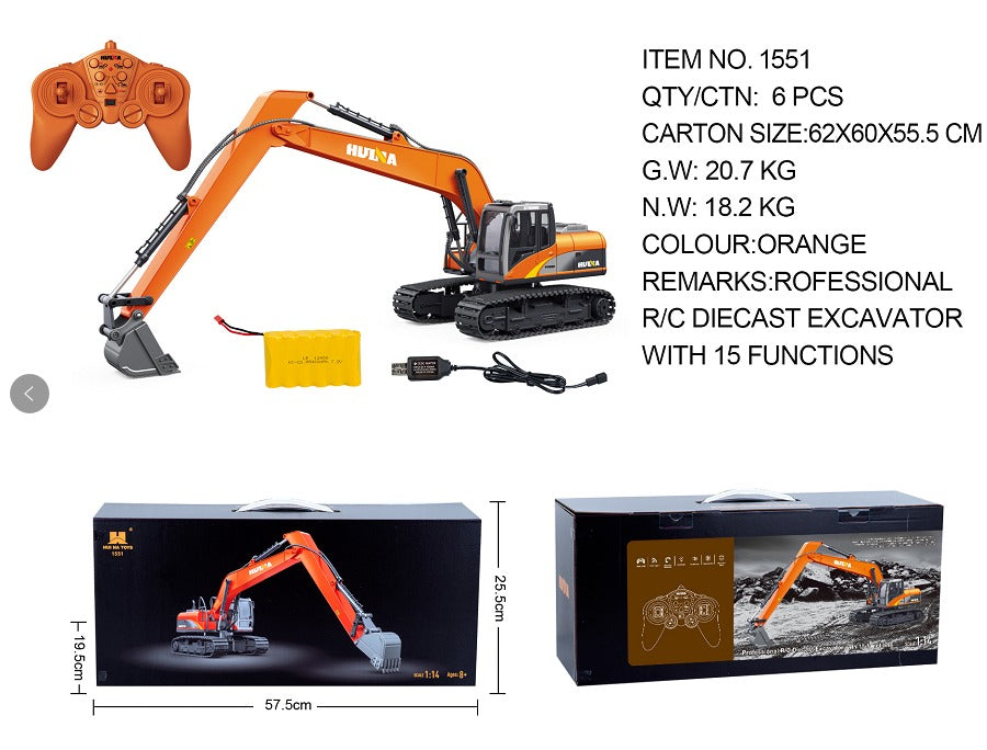 Huina 1551 - 1:14 RC Long Arm Excavator | 2.4GHz 15CH Alloy Construction Digger with Metal Bucket, Lights & Sound