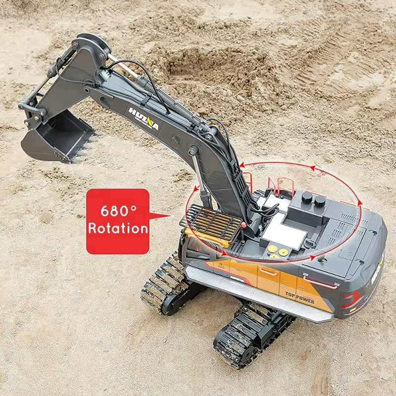 Huina 1592 - 1:14 RC Excavator | 2.4GHz 22CH Semi-Alloy Construction Digger with Metal Bucket, Realistic Lights & Sound