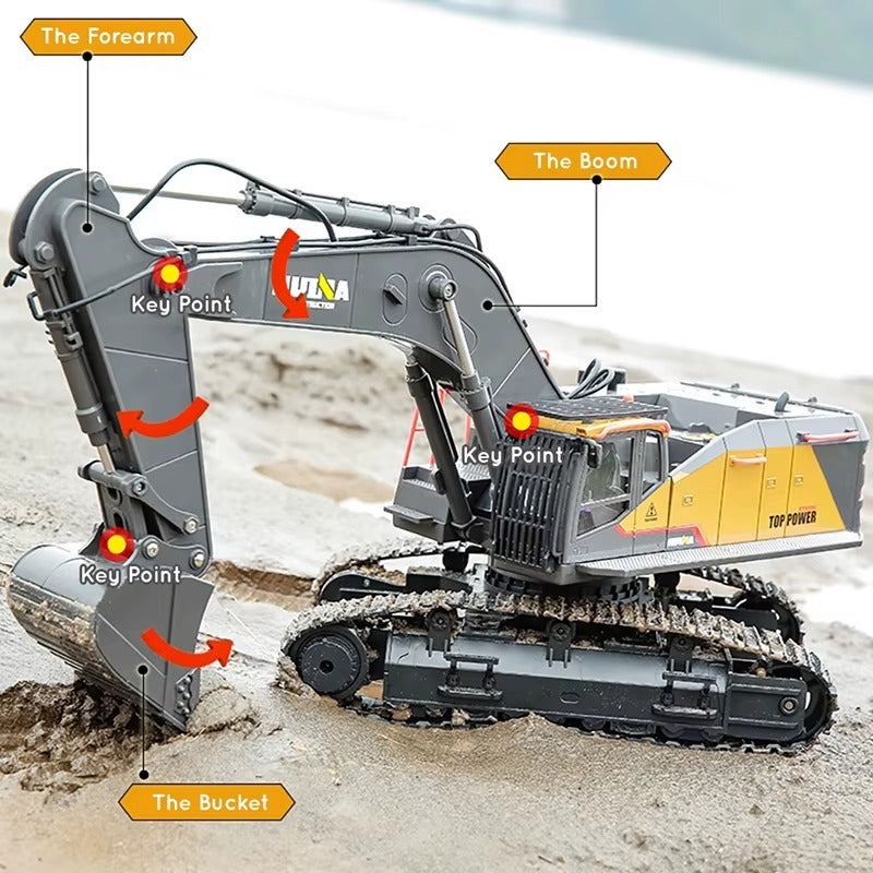 Huina 1592 - 1:14 RC Excavator | 2.4GHz 22CH Semi-Alloy Construction Digger with Metal Bucket, Realistic Lights & Sound