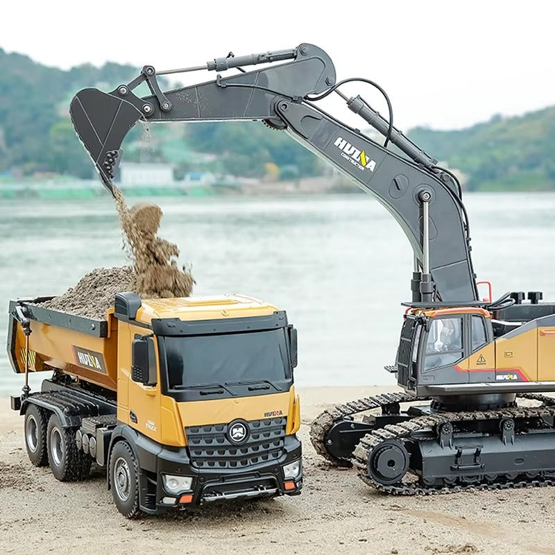 Huina 1592 - 1:14 RC Excavator | 2.4GHz 22CH Semi-Alloy Construction Digger with Metal Bucket, Realistic Lights & Sound