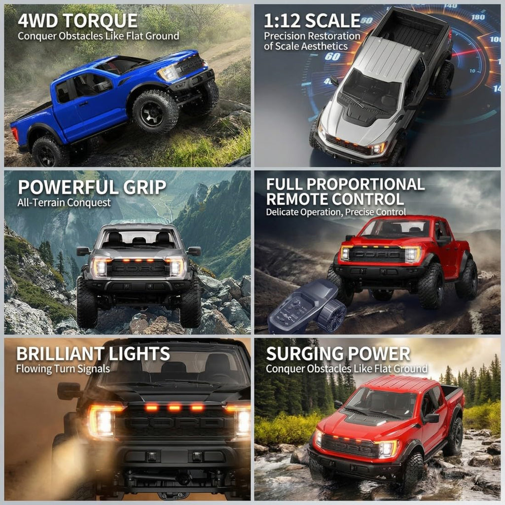 Hstar F150- 1:12 Scale Raptor 4WD RC Off-Road Truck with 2.4GHz Remote Control, Rechargeable Battery, Ready-to-Run All Terrain Remote Control Pickup Truck for Kids & Adults
