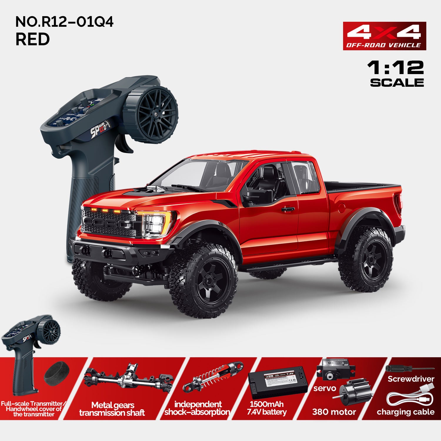 Hstar F150- 1:12 Scale Raptor 4WD RC Off-Road Truck with 2.4GHz Remote Control, Rechargeable Battery, Ready-to-Run All Terrain Remote Control Pickup Truck for Kids & Adults