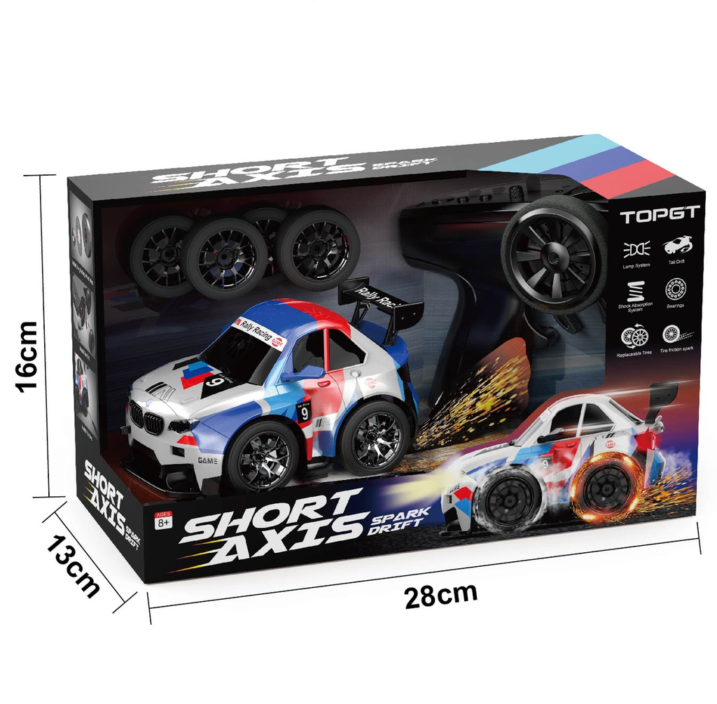 SM4 BMW M4 - Short Axis Spark Drift RC Car 2.4GHz Remote Control Racing Car with LED Lights, Spark Effect, Drift Tires, Rechargeable High Speed RC Car for Kids