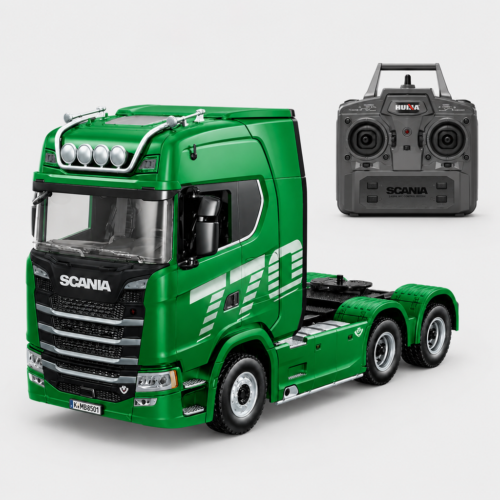Huina 1501 Officially Licensed Scania 770S 1:18 Scale 19CH RC Truck with Huina 1502 Low Bed Trailer, 2.4GHz Remote Control, RTR Heavy Hauler with Realistic Lights & Sound