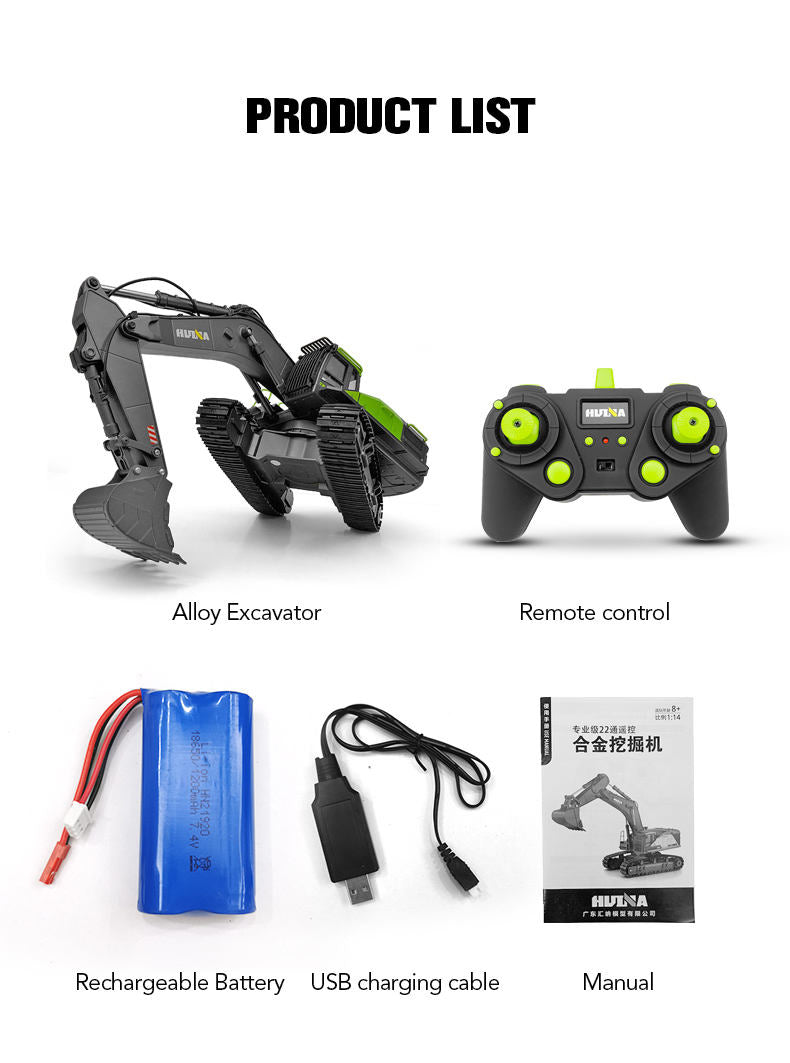 Huina 1593 - 1:14 RC Excavator | 2.4GHz 22CH Semi-Alloy Full Function Construction Digger with Realistic Lights & Sound