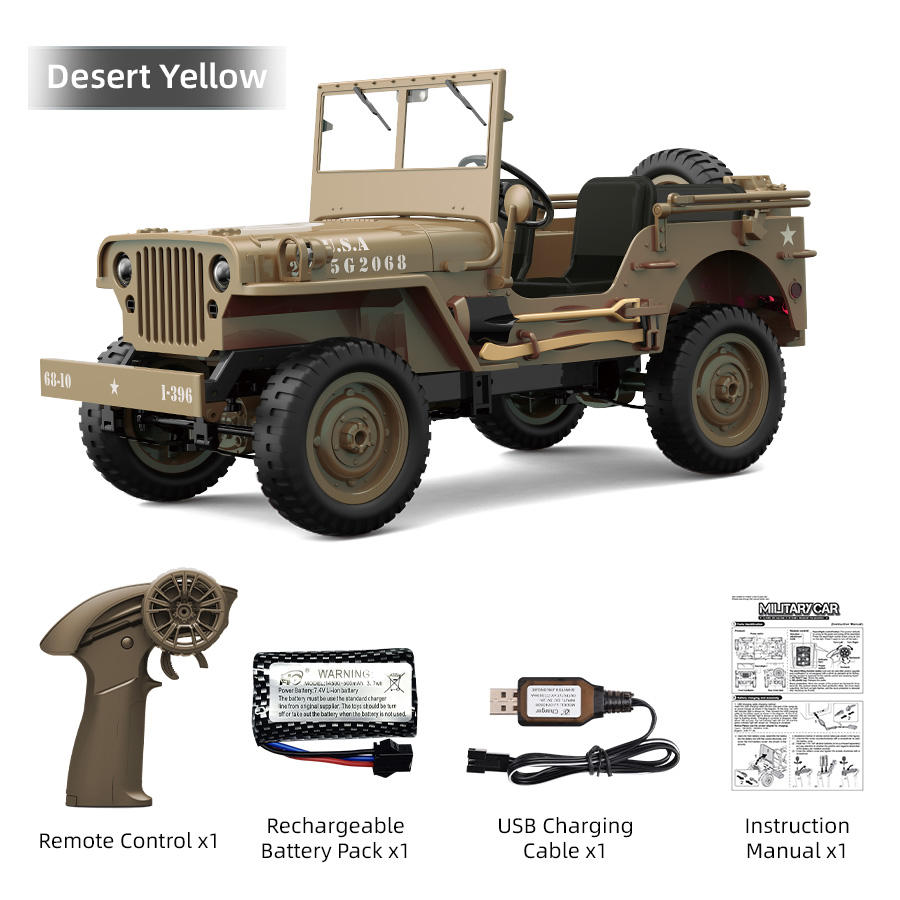 JJRC C8815 - 1:10 Scale Willys Military Jeep RC Car, 4WD Off-Road Rock Crawler, 2.4GHz Full Proportional Remote Control, LED Lights, WWII Army Vehicle Model, Rechargeable Battery