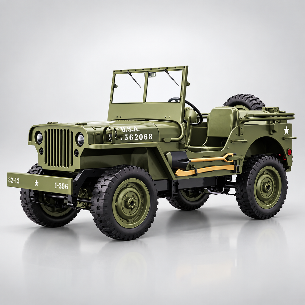 JJRC C8815 - 1:10 Scale Willys Military Jeep RC Car, 4WD Off-Road Rock Crawler, 2.4GHz Full Proportional Remote Control, LED Lights, WWII Army Vehicle Model, Rechargeable Battery