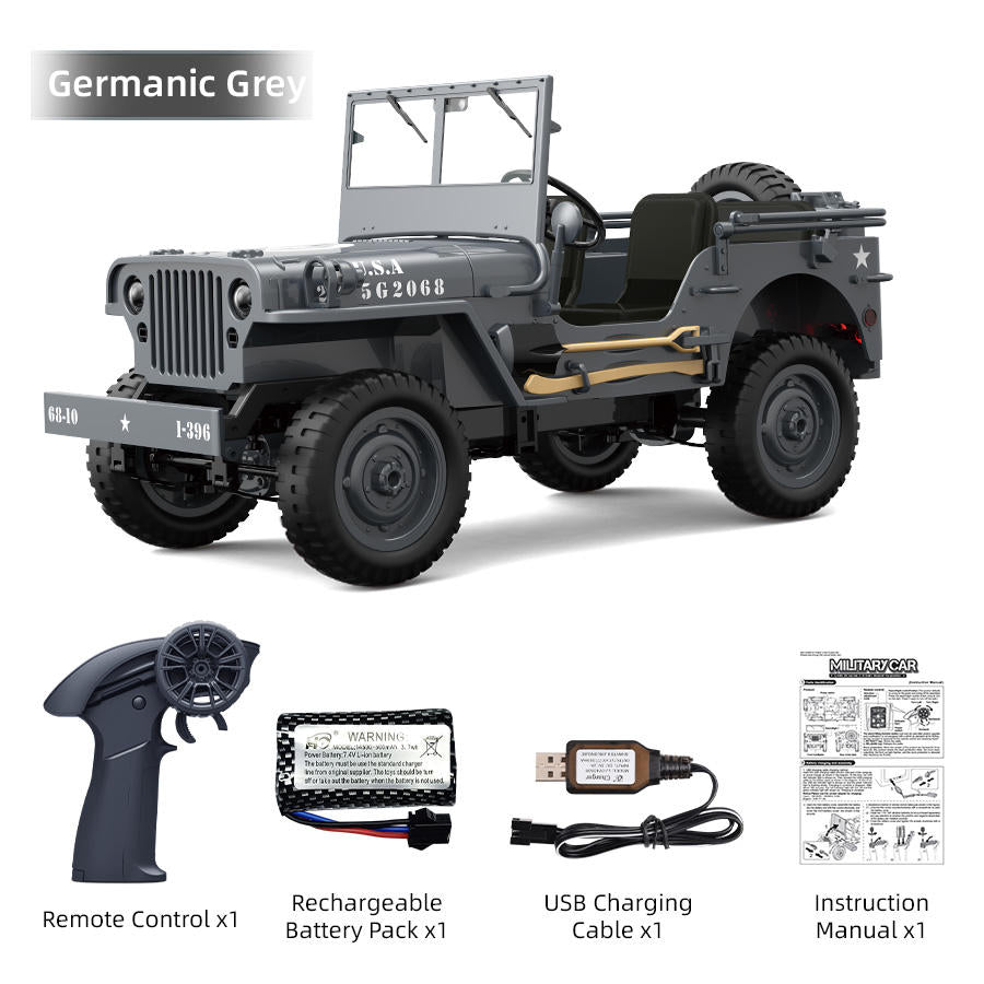 JJRC C8815 - 1:10 Scale Willys Military Jeep RC Car, 4WD Off-Road Rock Crawler, 2.4GHz Full Proportional Remote Control, LED Lights, WWII Army Vehicle Model, Rechargeable Battery