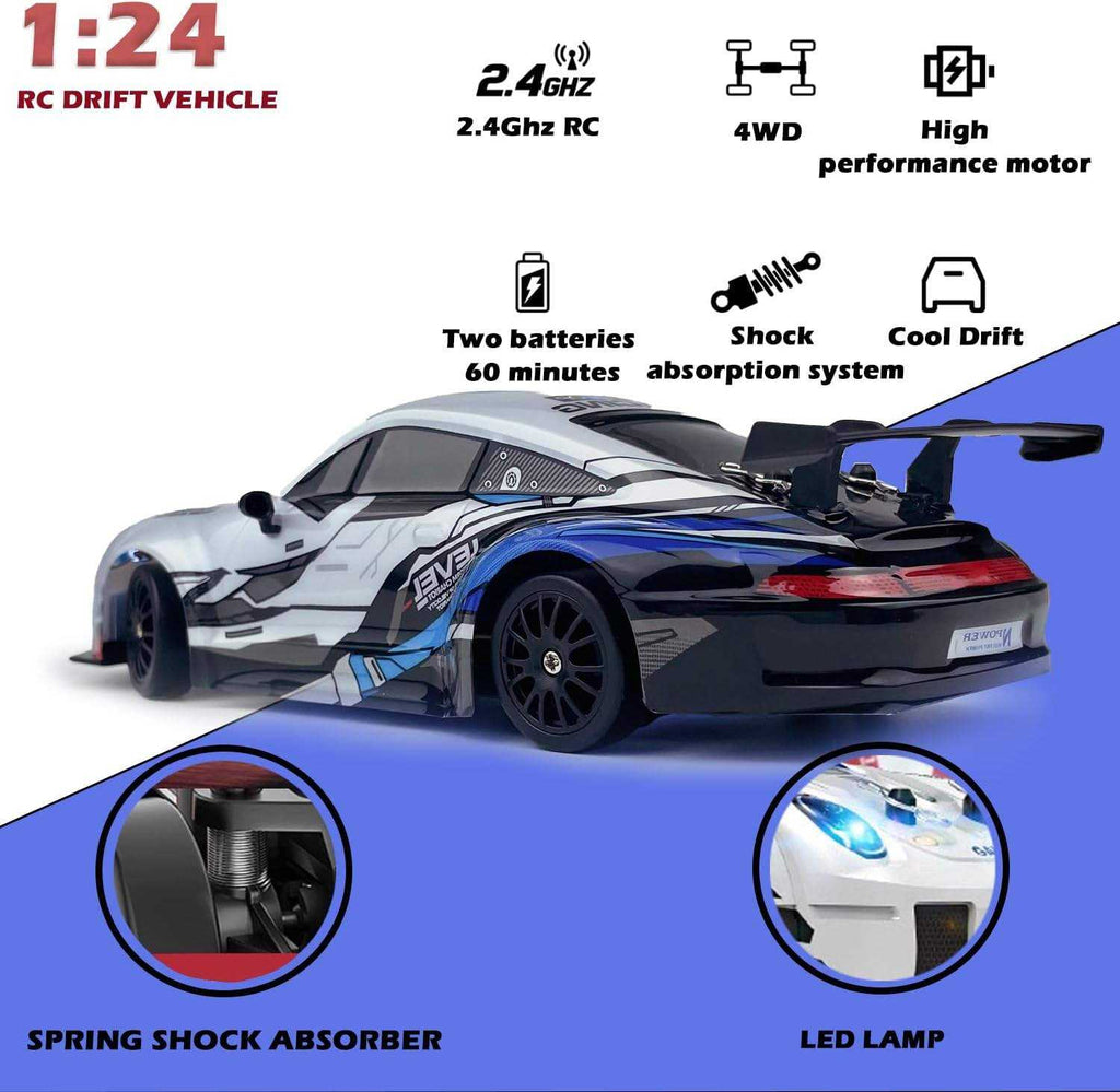 1:24 Scale 2.4GHz 4WD RC Drift Racing Car with LED Headlights PVC Body Spring Suspension High Speed Stunt Drift Remote Control Car for Kids