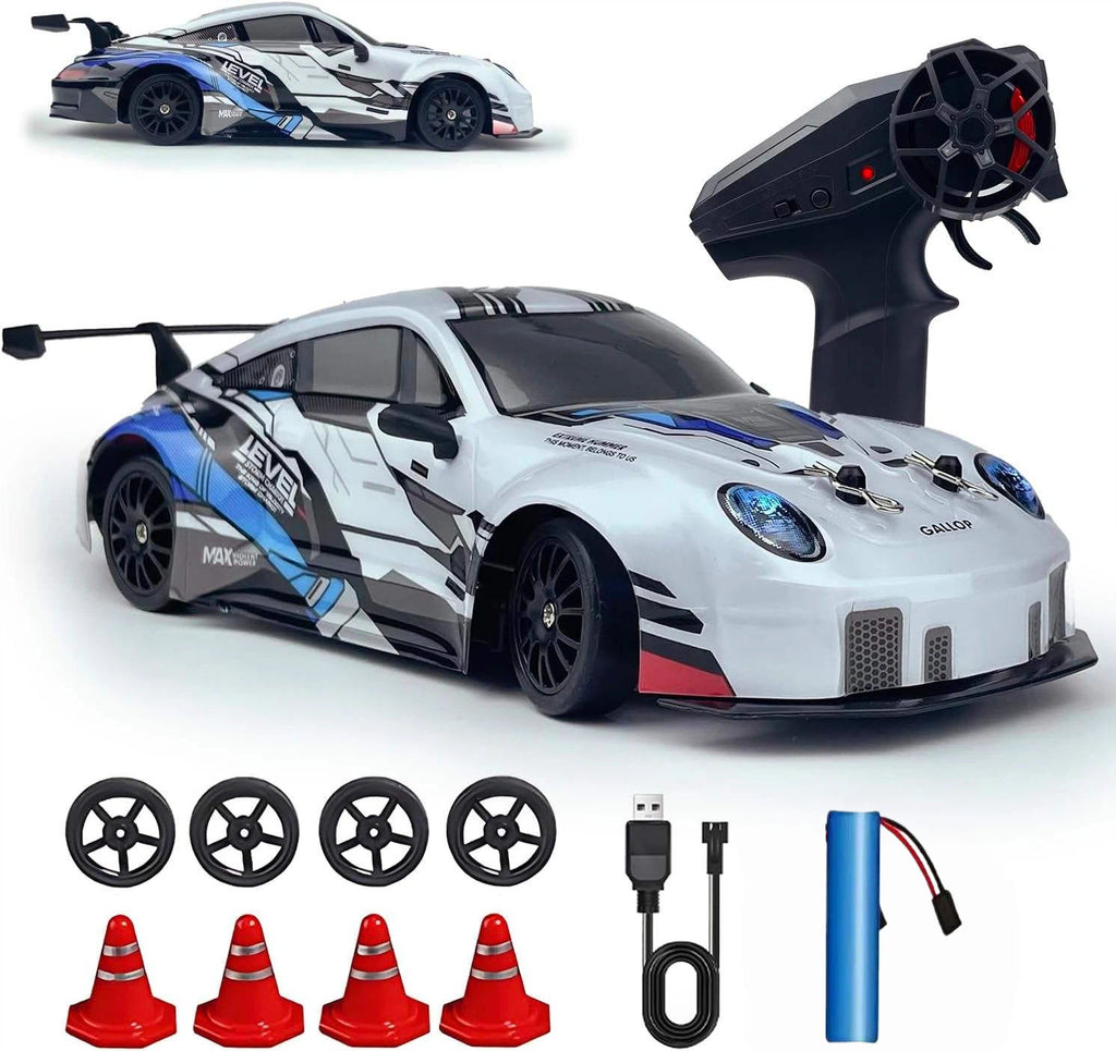 1:24 Scale 2.4GHz 4WD RC Drift Racing Car with LED Headlights PVC Body Spring Suspension High Speed Stunt Drift Remote Control Car for Kids