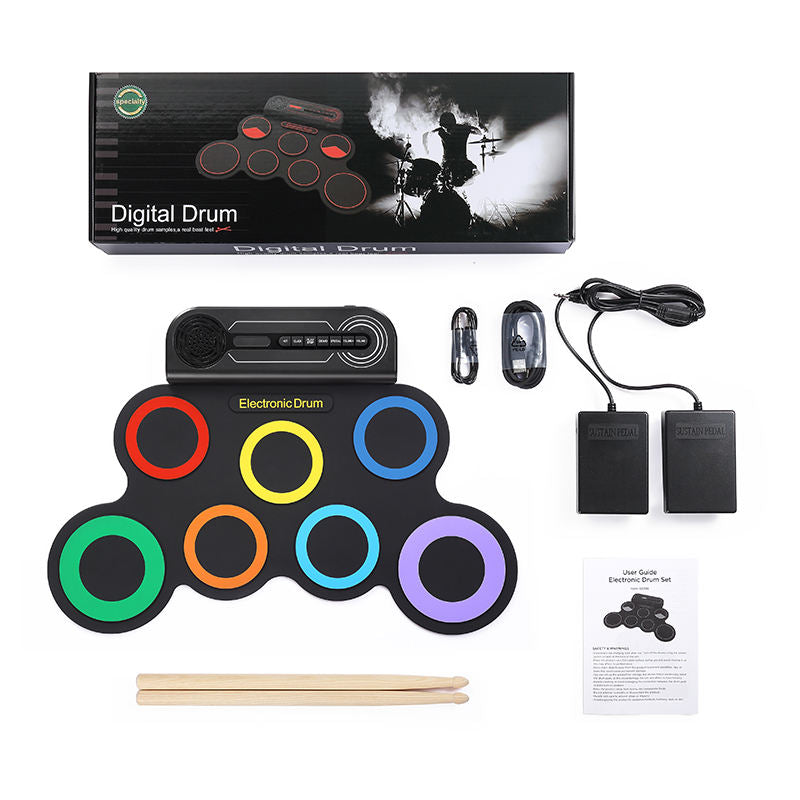 Portable 7-Pad Roll-Up Electronic Drum Set for Kids & Beginners | Digital Drum Kit with Dual Foot Pedals, Drum Sticks, Built-in Speaker & USB Power - G2002R