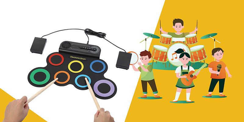 Portable 7-Pad Roll-Up Electronic Drum Set for Kids & Beginners | Digital Drum Kit with Dual Foot Pedals, Drum Sticks, Built-in Speaker & USB Power - G2002R