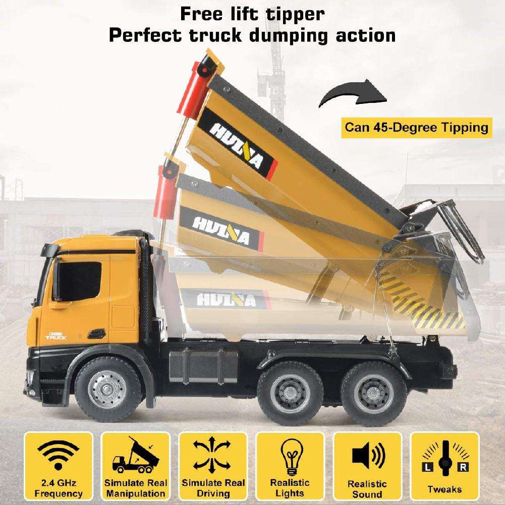 Huina 1573 - 1:14 RC Dump Truck - 2.4GHz Full Function Heavy Duty Construction Tipper with Realistic Dump Bed & LED Lights