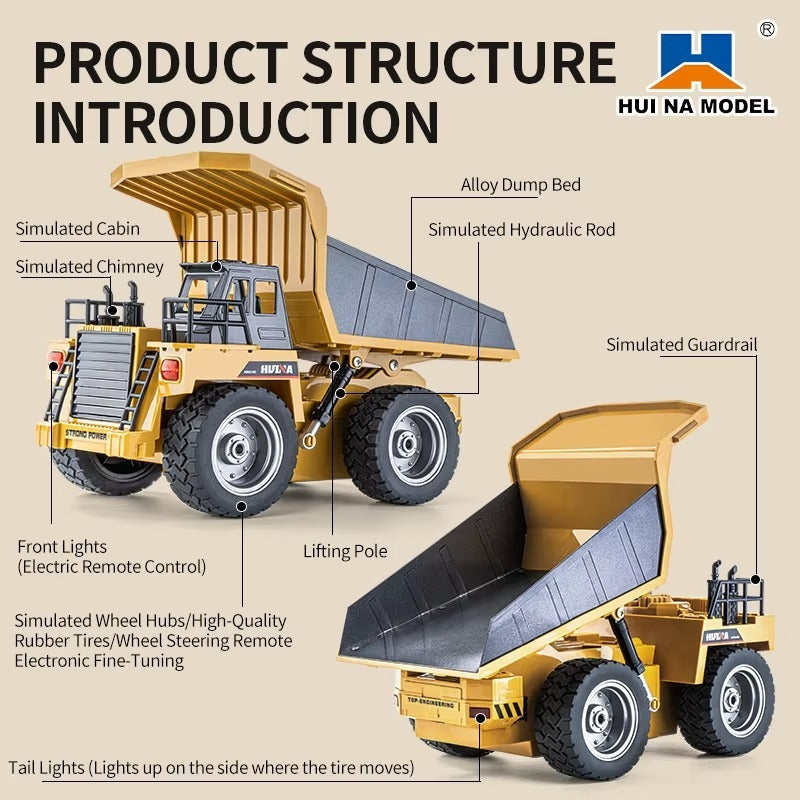 Huina 1533 - 1:18 RC Dump Truck 2.4GHz 9CH Alloy Tipping Construction Vehicle with Full Function Remote Control & LED Lights
